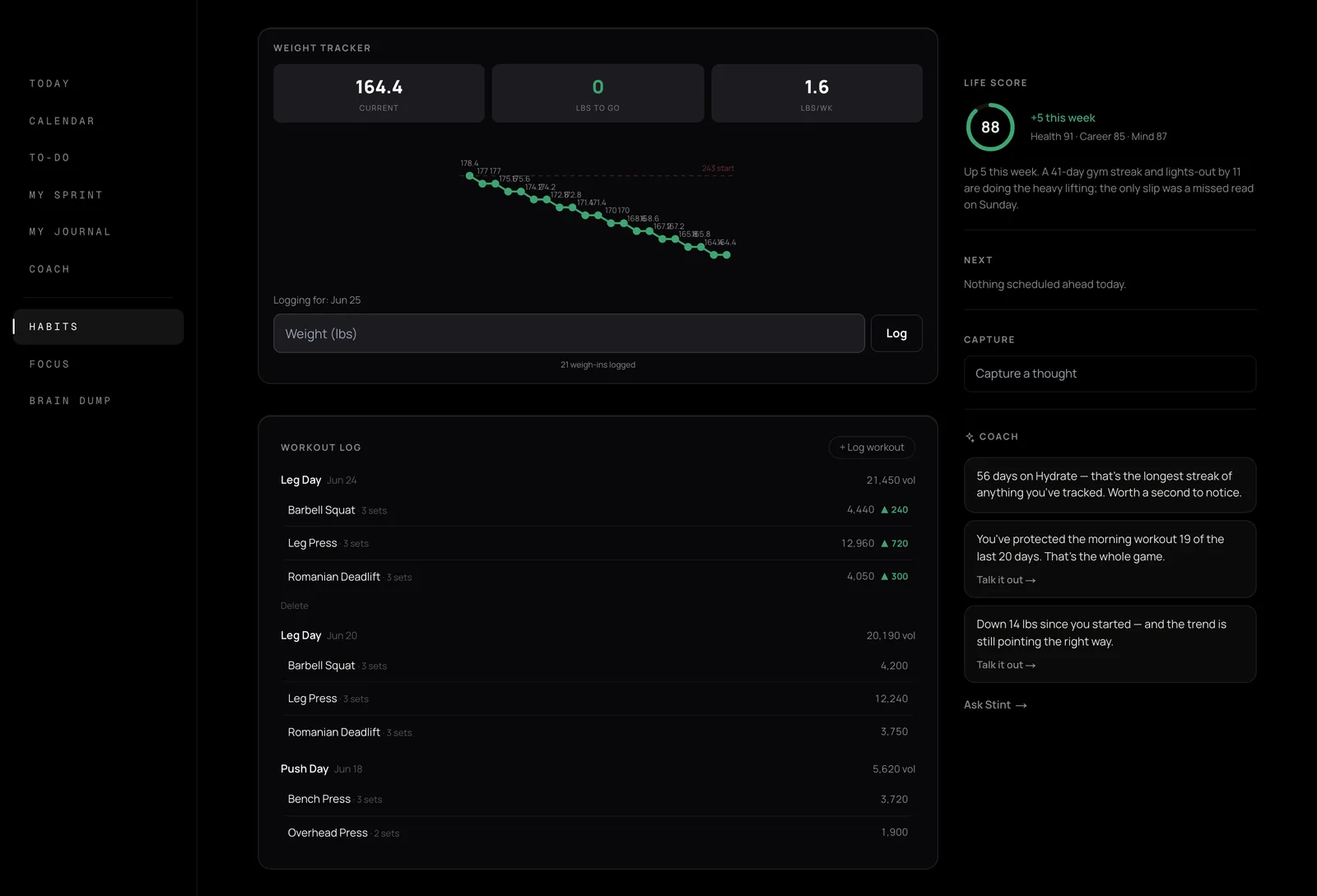 The Stint Health screen: workout log with per-exercise volume and beat-last-session deltas, weight tracker, and macros.