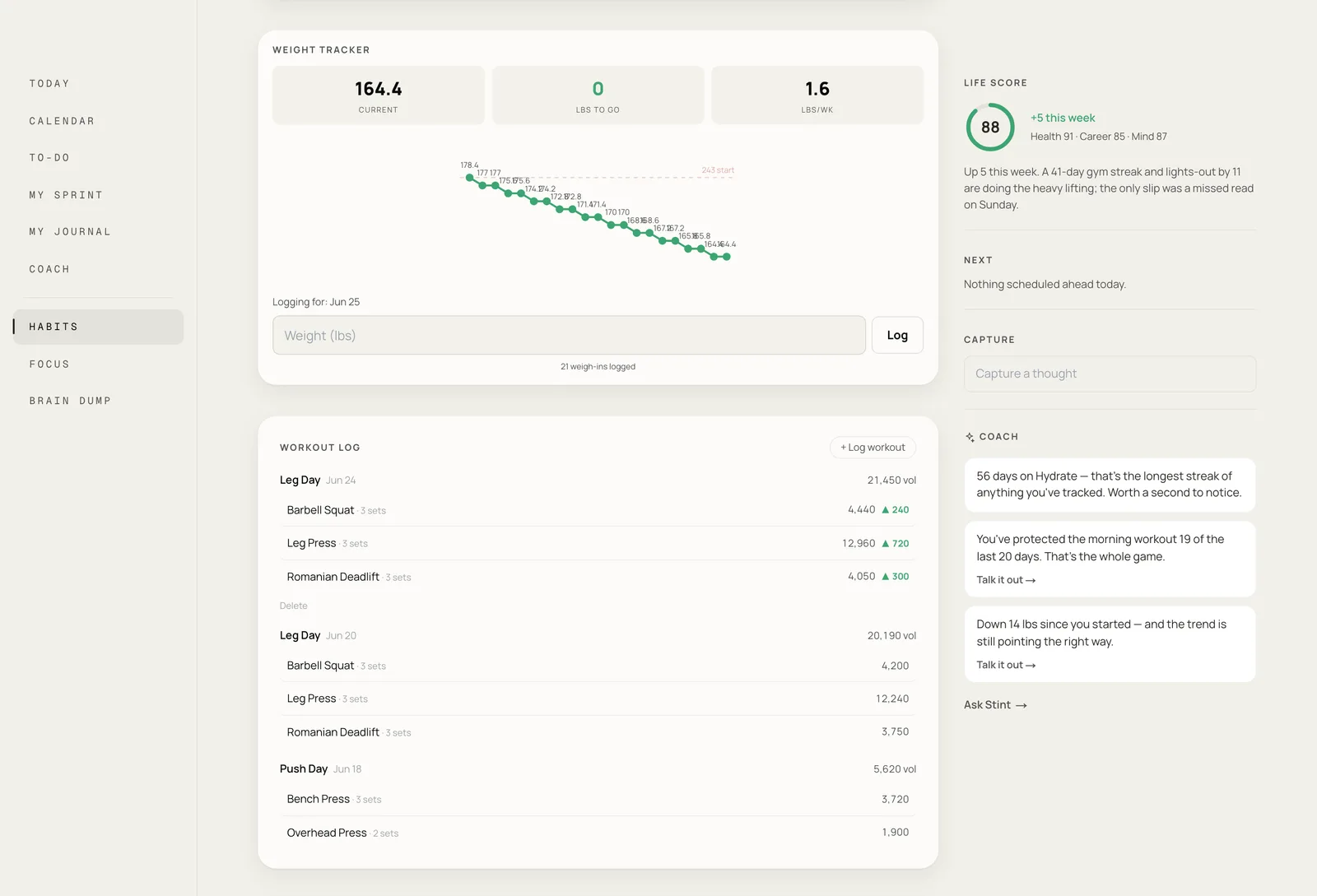 The Stint Health screen: workout log with per-exercise volume and beat-last-session deltas, weight tracker, and macros.