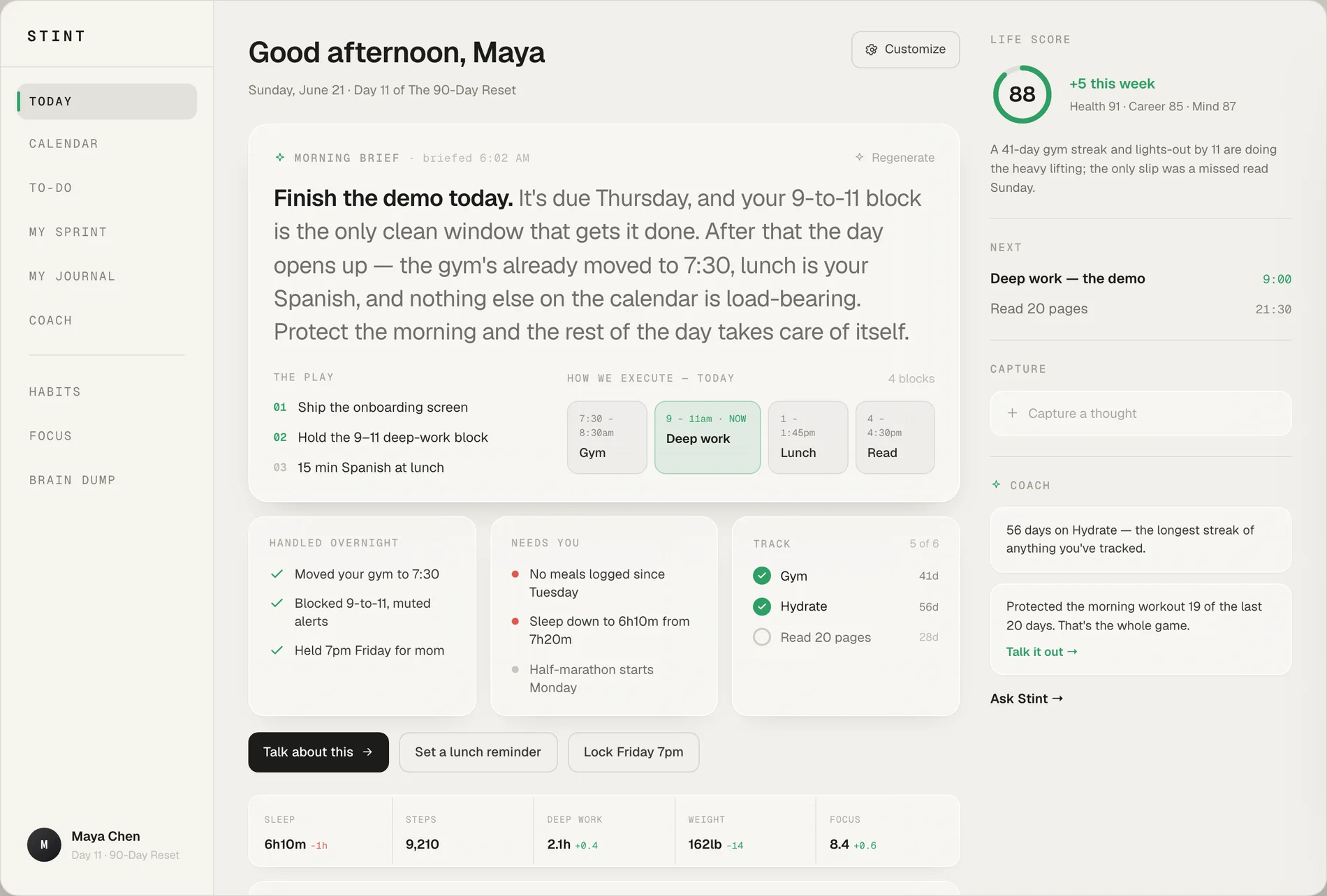 The Stint Today screen: the morning brief, today’s focus, the Life Score, and the metric strip.